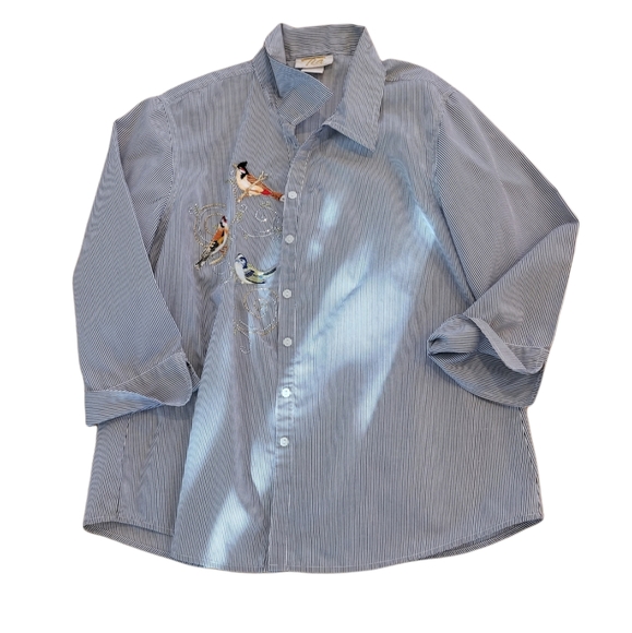 Tia Designs Pinstriped Embroidered Birds Top - Picture 2 of 5